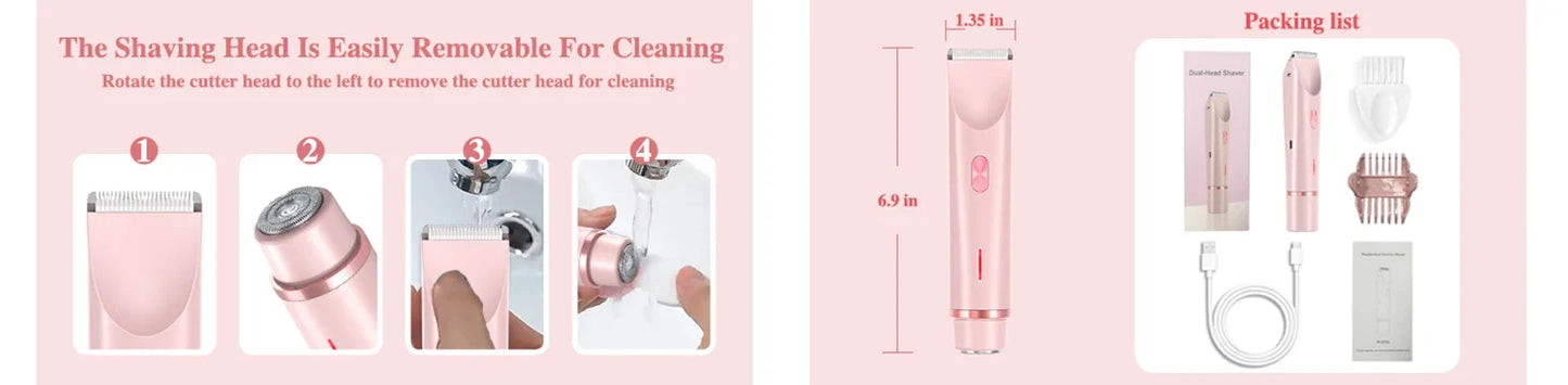 2-in-1 Dual-Head Electric Razor for Women – Painless Bikini Trimmer Wet & Dry Use with Detachable Heads