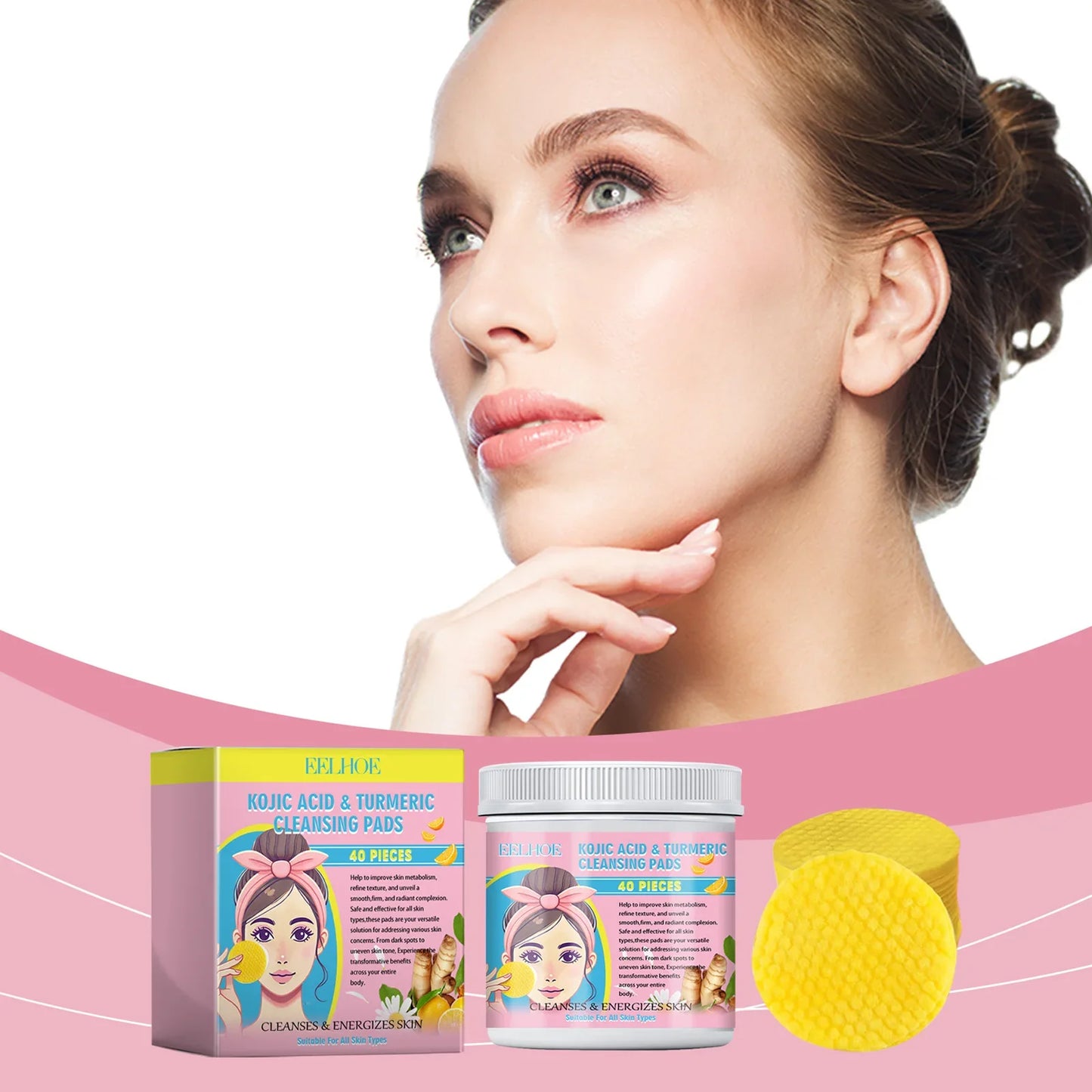 EELHOE Turmeric and Kojic Acid Facial Cleansing Pads - Exfoliating Daily Skin Care for Pores, Dirt Removal, and Moisturizing