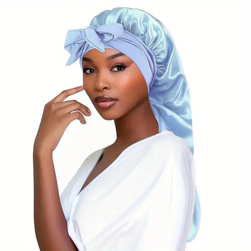 Bowknot Braid Bonnet - Unscented Satin Sleep Cap with Elastic Band and Long Tie, Breathable Night Hair Bonnet for Women