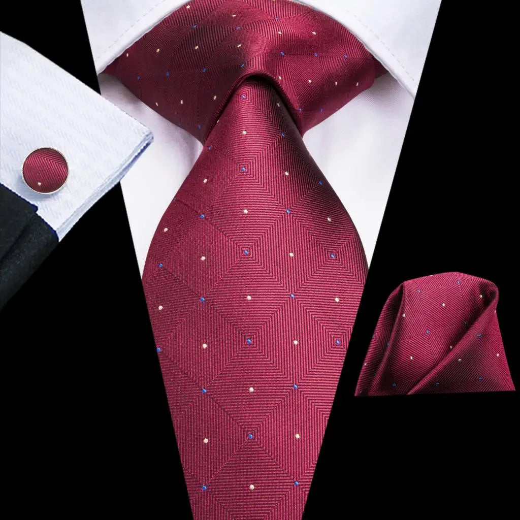 Hi-Tie Red Burgundy Plaid Silk Tie Set — Designer Men’s Necktie with Handkerchief & Cufflinks for Wedding or Business