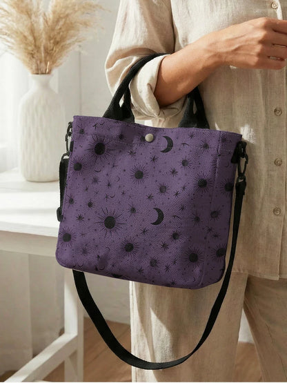 Purple Sun Moon Star Print Tote Bag - Detachable Strap Crossbody Handbag for Women