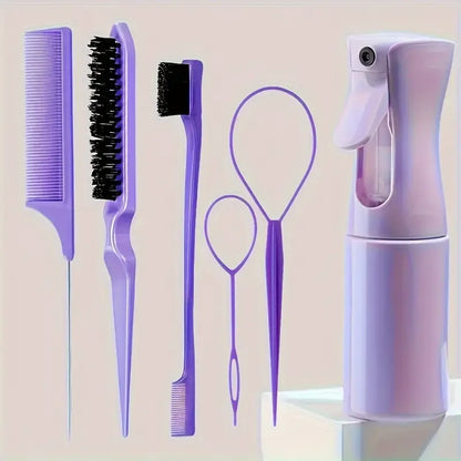 6-Piece Hair Brush Set – Hairdressing Spray Bottle, Braiding Loop, Rat Tail Comb, Teasing & Edge Control Brushes
