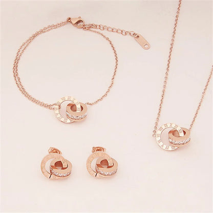 Titanium Steel Roman Digital Jewelry Set - Double Ring Pendant Necklace, Bracelet, and Earrings for Women