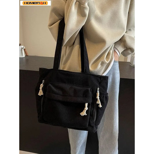 Corduroy Shoulder Tote Bag - Women's Casual Multi-Pocket Travel & Everyday Handbag