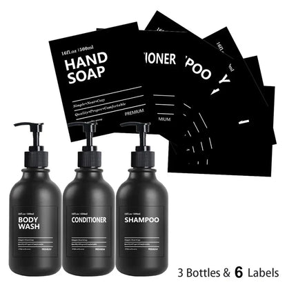 3 Pack 500ml Soap Dispenser Bottles with Labels – Kitchen & Bathroom Shampoo, Conditioner, Liquid Soap Containers