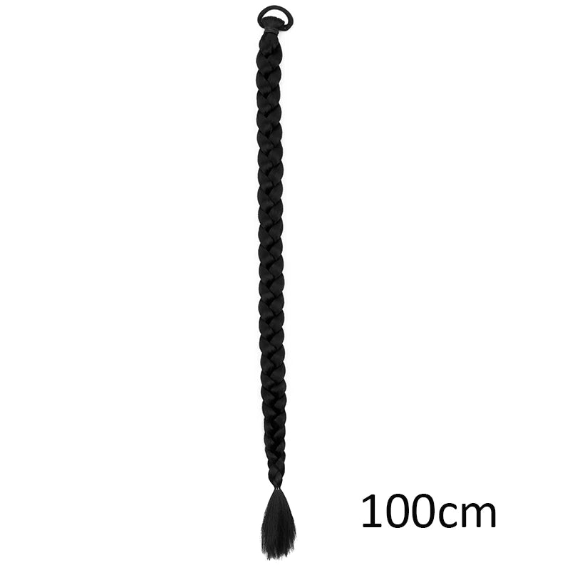 Women’s Long Box Braid Ponytail Extension - Synthetic Straight Braided Hairpiece with Clip-In Elastic Band for Daily Style