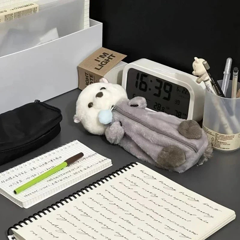 Cartoon Plush Sea Otter Pencil Case – Soft Pen Pouch & Makeup Bag, Portable School Supplies Holder