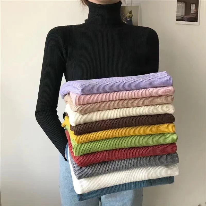 ZOKI Women's Turtleneck Sweater - Simple Winter Fashion Pullover, Elastic Knit Casual Solid Black Jumper, Basic Tops for Ladies