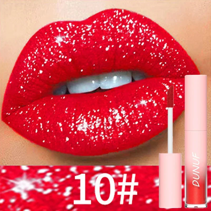 18-Color Sexy Red Diamond Glitter Lip Gloss – Metallic, Waterproof, Long-Lasting Matte Shimmer Liquid Lipstick for Women