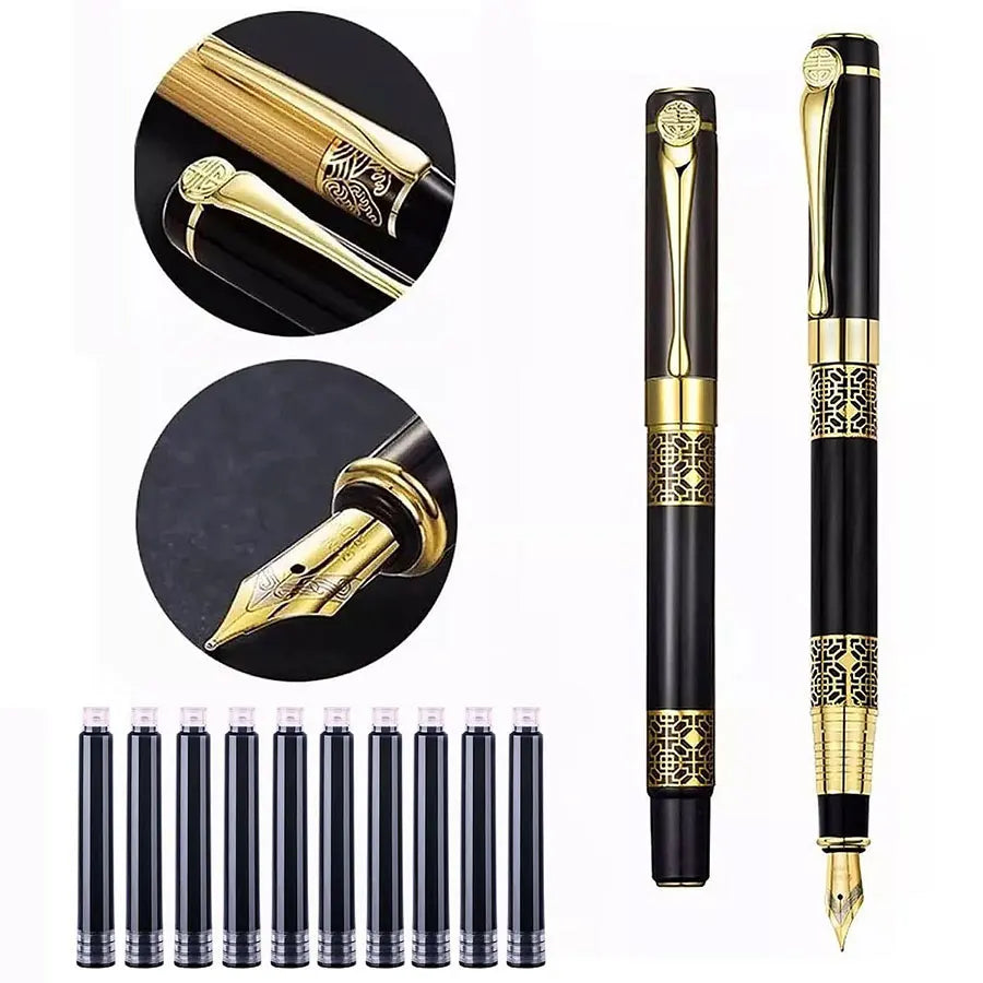 Retro Metal Fountain Pen — 1-100PCS Set with Replaceable Ink, Elegant Writing Pen for Office, School, and Stationery Gifts