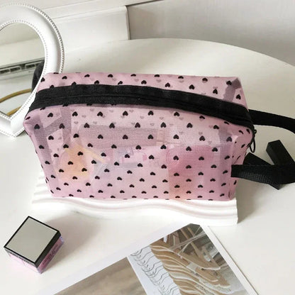 Nylon Mesh Heart-Shaped Cosmetic Bag — Zipper Toiletry & Makeup Organizer Pouch for Women, Multifunctional Lipstick, Key, and Coin Purse