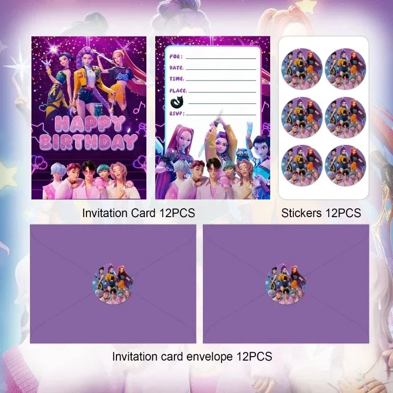 12PCS KPop Demon Hunters Birthday Party Invitation Cards – Anime Single-Page Greeting Cards