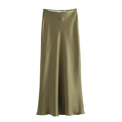Willshela 2024 Women’s Black Satin High Waist Midi Skirt – Elegant Long Office & Summer Fashion Skirt for Women, Slim Fit Casual Wear