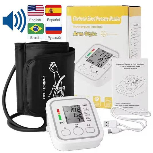 Spanish Voice Digital Arm Blood Pressure Meter – Medical Tonometer, Tensiometer, Sphygmomanometer with Pulse Measurement