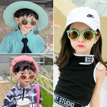 2023 Kids Checker Panel Round Sunglasses – Cute UV400 Sun Protection for Baby Girls & Children Outdoor Wear