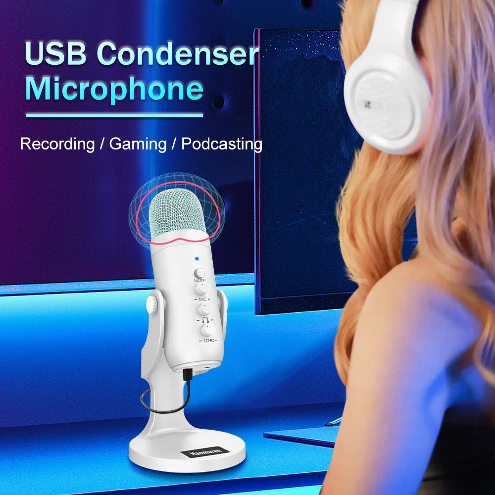 Haomuren Professional USB Condenser Microphone – White Studio Recording Mic for PC, Phone & Streaming