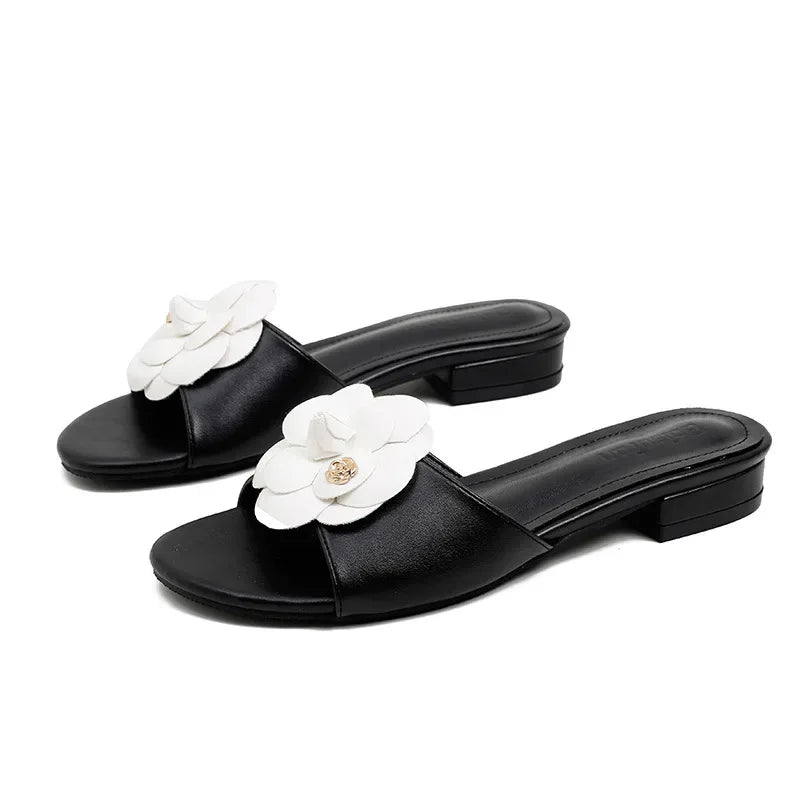 Luxury Women’s Flower Slippers — Camellia Open-Toe Slides for Home & Outdoor, Ladies Flip Flop Sandals