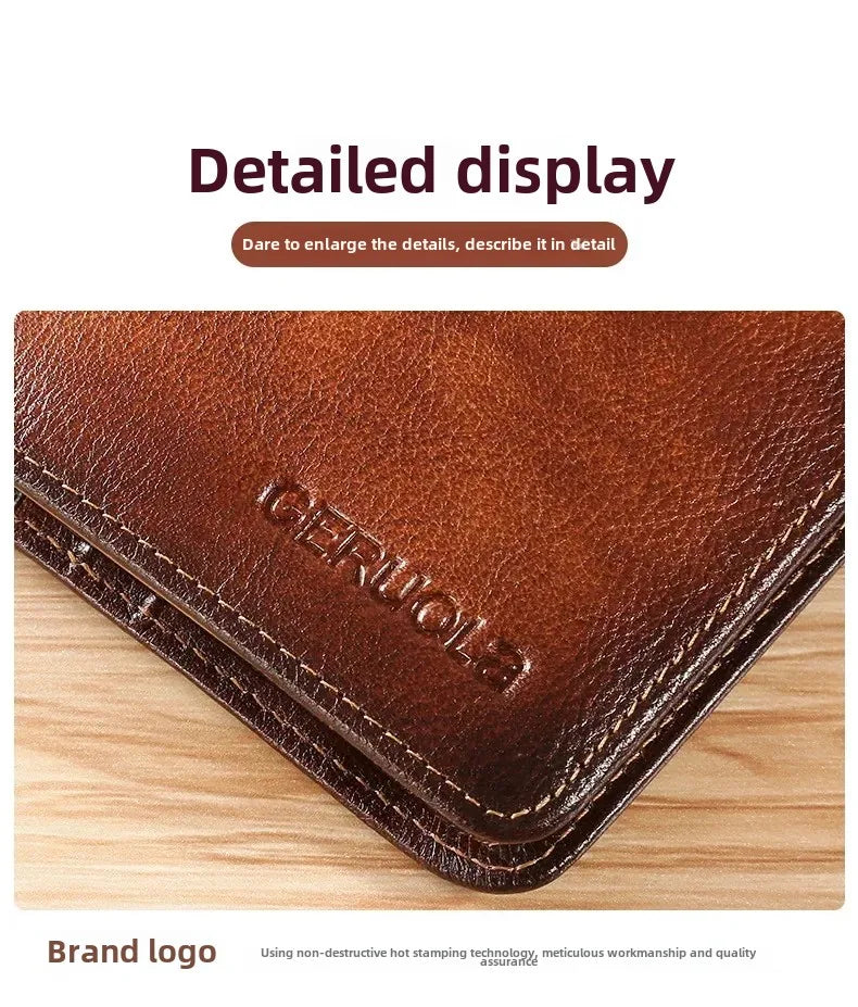 Genuine Leather Men’s Wallet – RFID Blocking Trifold, Vintage Thin ID & Credit Card Holder, Multi-Function Purse