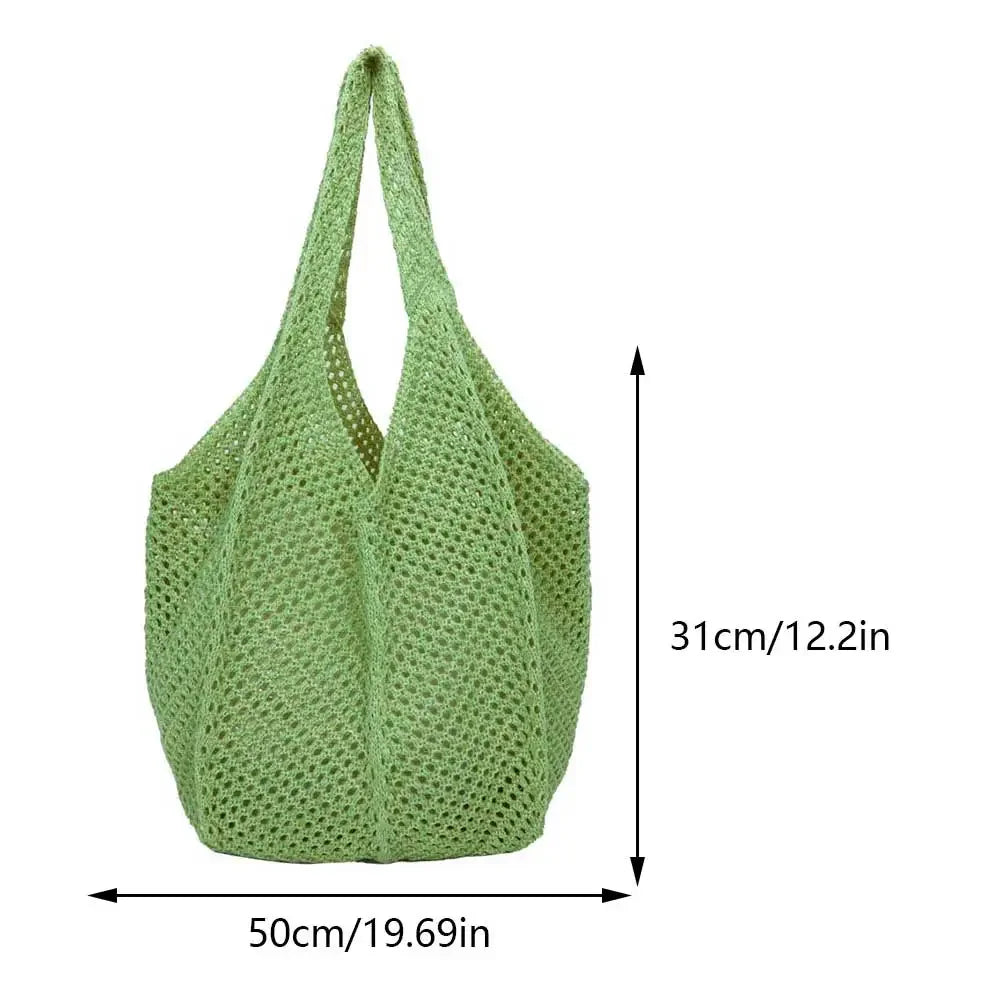 Fashion Women’s Hollow Woven Shoulder Bag – Large Capacity Crochet Tote, Solid Knitting Mesh Handbag for Summer & Beach