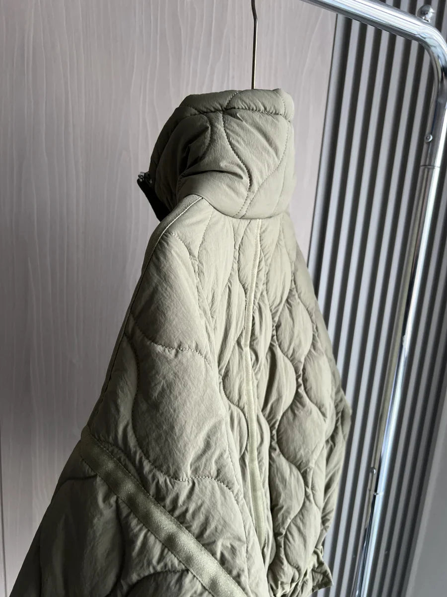 2024 ETJ Quilted Women's Coat – Beige Drawstring High Neck Jacket with Ties & Pockets