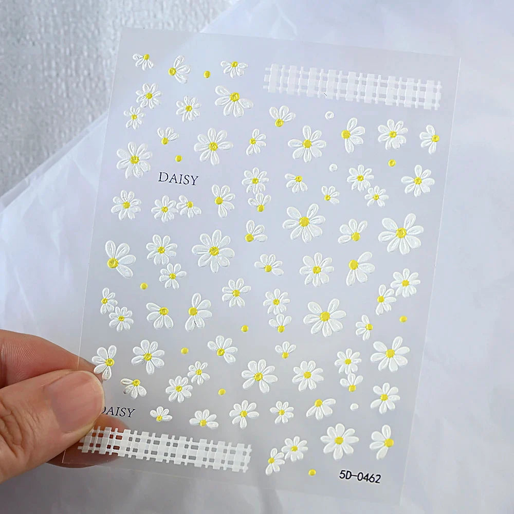 5D Daisy Nail Art Stickers - White Flower & Green Leaf Embossed Decals for DIY Spring Summer Nail Decoration