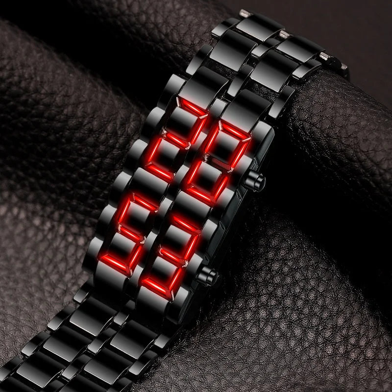 Men's Fashion Digital Lava Wrist Watch – Black Full Metal with Red/Blue LED Display, Sporty Gift for Men & Boys