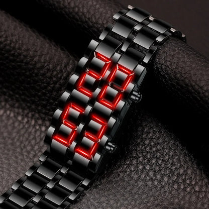 Men's Fashion Digital Lava Wrist Watch – Black Full Metal with Red/Blue LED Display, Sporty Gift for Men & Boys
