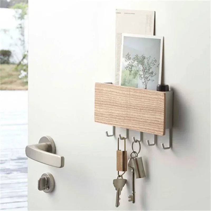 Wall Hanging Bamboo Key Hanger Holder – Rectangle Organizer with Hooks for Keys and Coats – Home Decoration