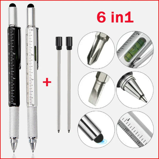 Luxury 6-in-1 Metal Ballpoint Pen — Multifunction with Ruler, Screwdriver, Touchscreen Stylus, and Spirit Level