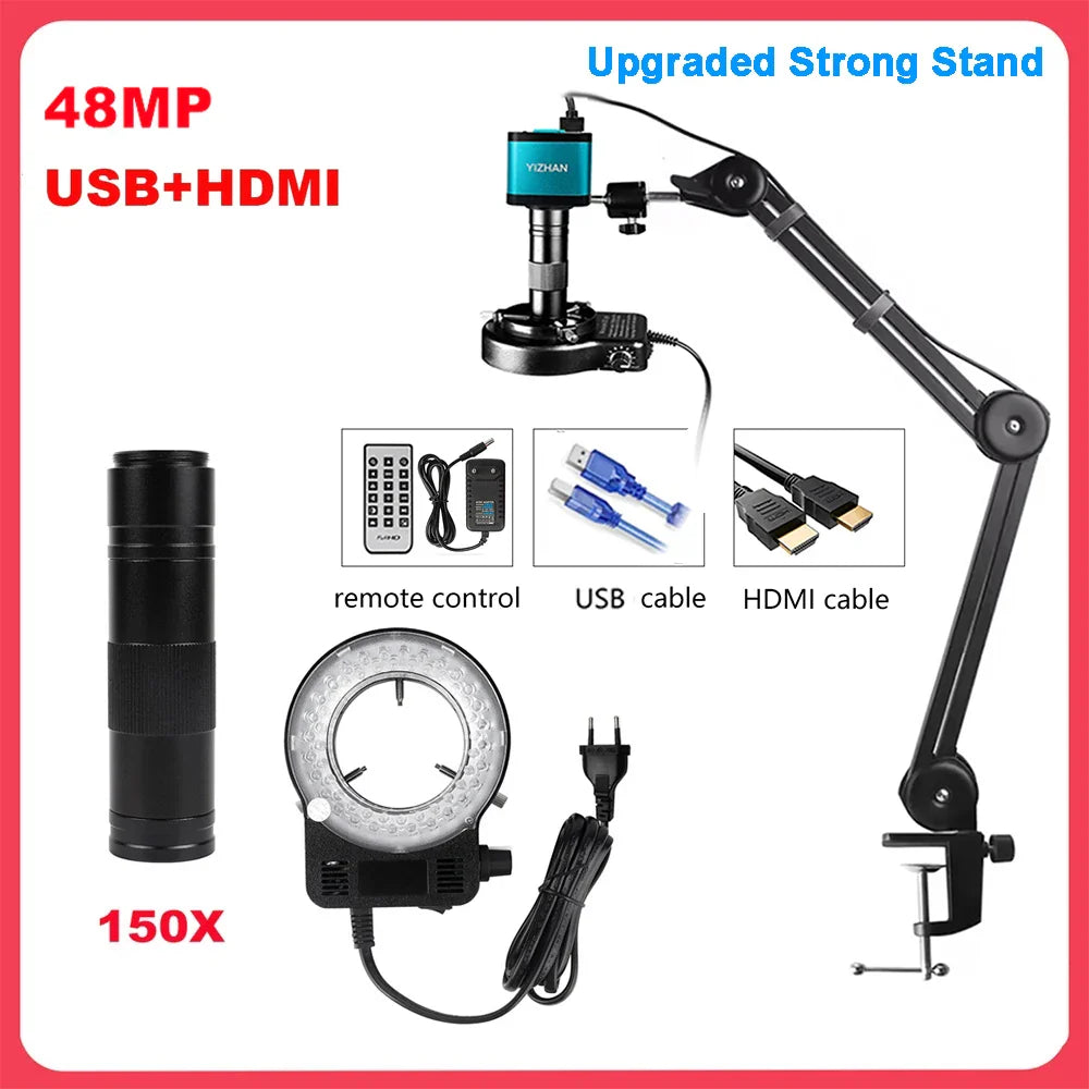 1080P 48MP 4K Digital Microscope – HDMI/USB/VGA Camera with 150X C-Mount & Articulated Arm for Repair