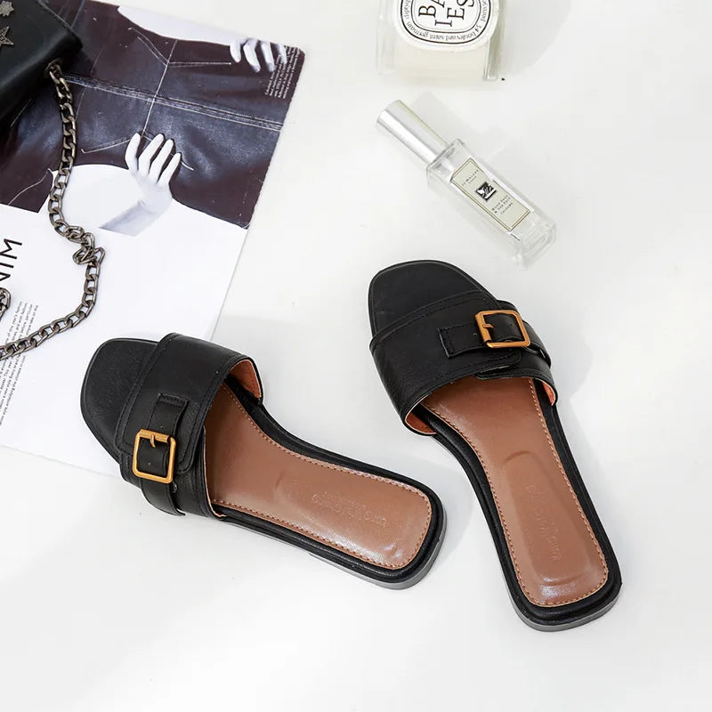 Women’s Flat Slippers — Summer Leather Square Toe Flats, Designer Slides & Luxury Sandals
