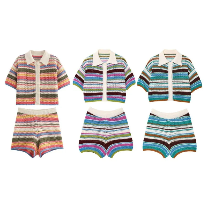 Women Y2K Patchwork Striped Crochet Knit Crop Sweater & Shorts Set – Hollow Out Short Sleeve Polo Collar Outfit