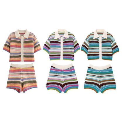 Women Y2K Patchwork Striped Crochet Knit Crop Sweater & Shorts Set – Hollow Out Short Sleeve Polo Collar Outfit
