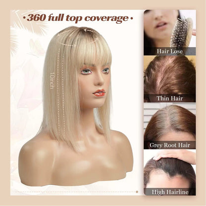Ombre Brown Blonde Remy Human Hair Topper – 14 Inch Silk Base Clip-In Wig with Bangs for Women