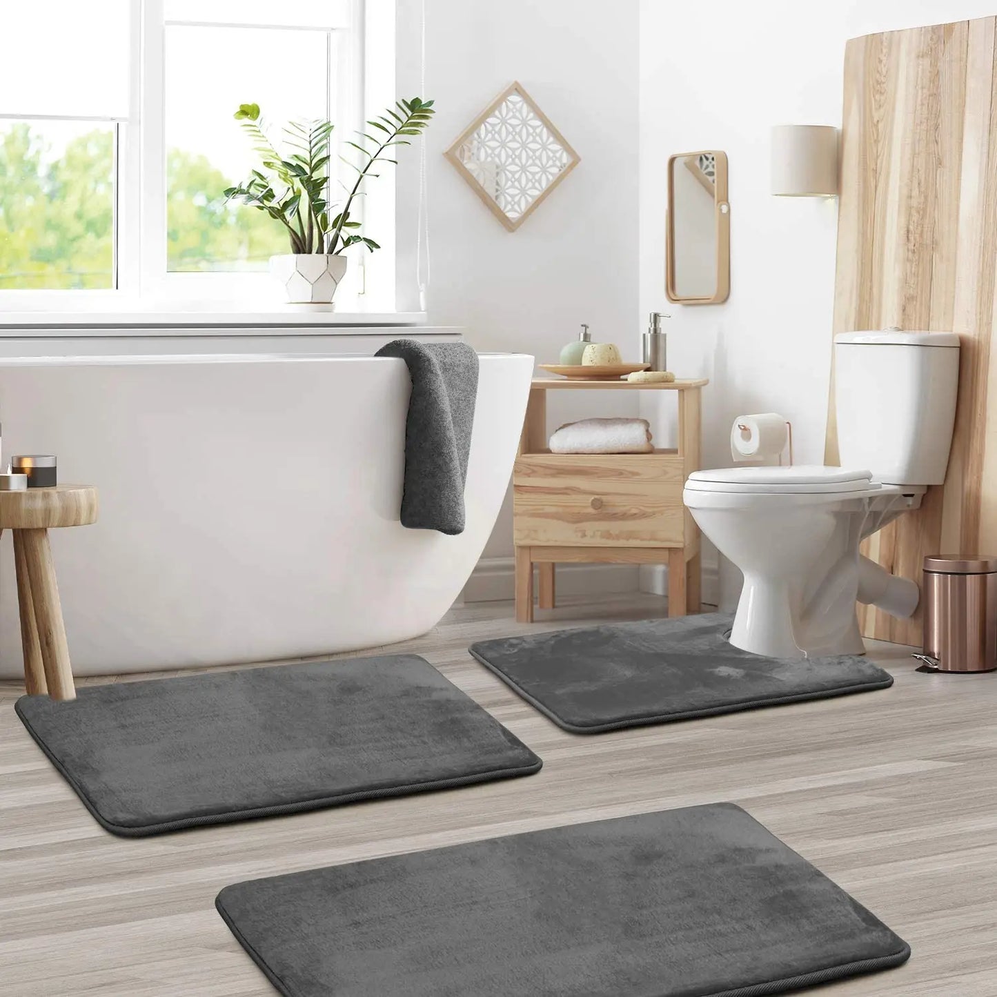3PC Velvet Memory Foam Bathroom Rug Set - Ultra Soft, Non-Slip, Quick-Dry Machine Washable Bath Mats