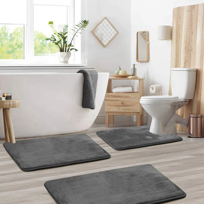 3PC Velvet Memory Foam Bathroom Rug Set - Ultra Soft, Non-Slip, Quick-Dry Machine Washable Bath Mats