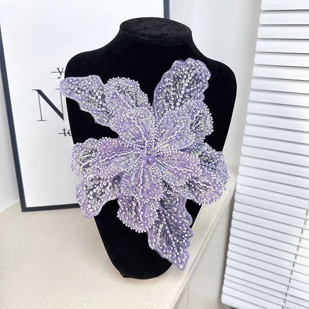 Sequin Beaded 3D Floral Lace Patches - Multi-Layered Applique for Clothing, Fabric Sewing Material, DIY Handmade for Shiny Evening Dresses
