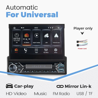 Carplay Android Auto 1 Din MP5 Player - 7 Inch Retractable Touch Screen, FM Radio, Mirror Link, Manual & Automatic Car Player