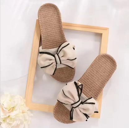 Women’s Bow-Knot Linen Slippers - Cute Soft Indoor Casual Home Flats