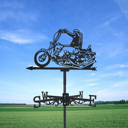 Motorcyclist Weathervane: Black Metal Silhouette Art, Motorcycle-Themed Wind Vane for Outdoor Garden, Roof, and Yard Decor