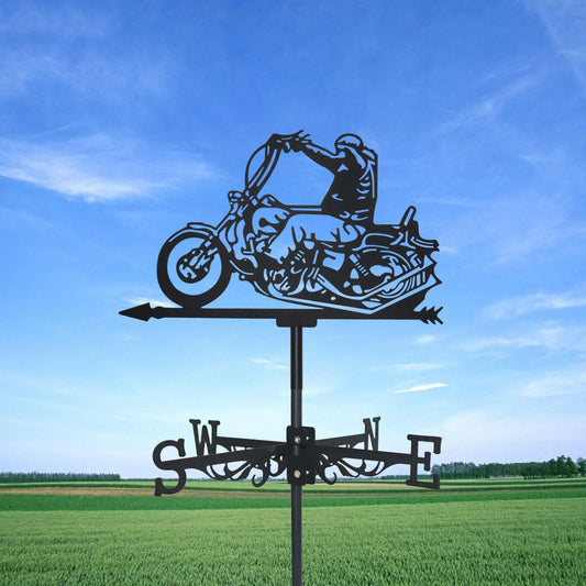 Motorcyclist Weathervane: Black Metal Silhouette Art, Motorcycle-Themed Wind Vane for Outdoor Garden, Roof, and Yard Decor