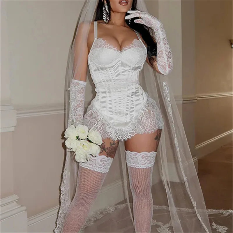White Satin Bridal Corset Dress - Lace Wedding Cosplay Costume with Veil & Gloves