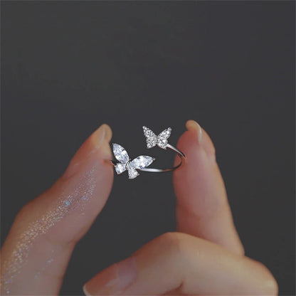 Acrylic Crystal Butterfly Ring - Adjustable Silver-Tone Zircon Fashion Ring for Women, K-Pop Party Jewelry
