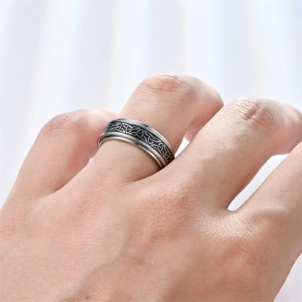 Punk Viking Script Stainless Steel Fidget Ring – Rotating Spinner for Men, Stress & Anxiety Relief Rock Band Jewelry