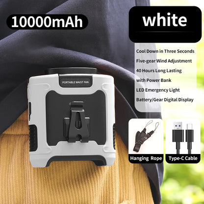 Portable Waist & Neck Hanging Fan – 5-Speed Strong Wind Cooling Fan with LED Light | 10000/20000mAh Rechargeable Battery, Outdoor Sports & Work Wearable Fan