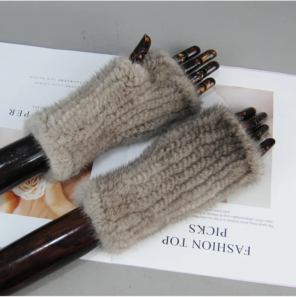 Women’s Winter Mink Fur Gloves – 100% Natural Fingerless Knitted Mittens for Warmth