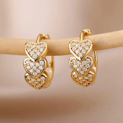 Huitan Gold Heart Hoop Earrings – Full CZ Paved Dazzling, Exquisite Bridal & Wedding Jewelry for Women