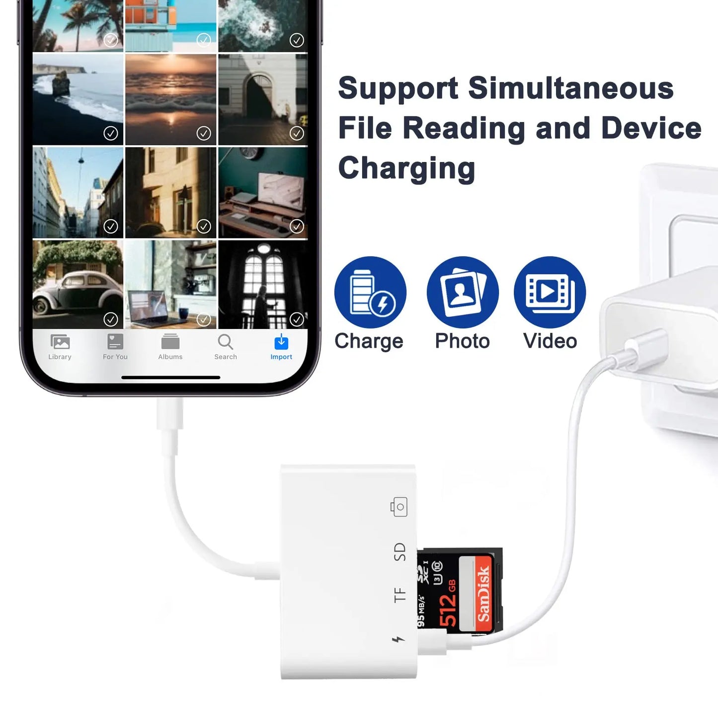 4-in-1 USB Card Reader – SD/TF Card Adapter for iPhone 14/13/12/11 Pro Max & iPad, Lightning Fast Charging for MacBook & Camera