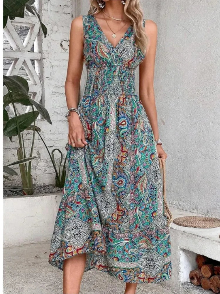 Women’s Summer Boho Dress – Sleeveless Printed Beach Party Dress, Elegant Casual Holiday Outfit for Women