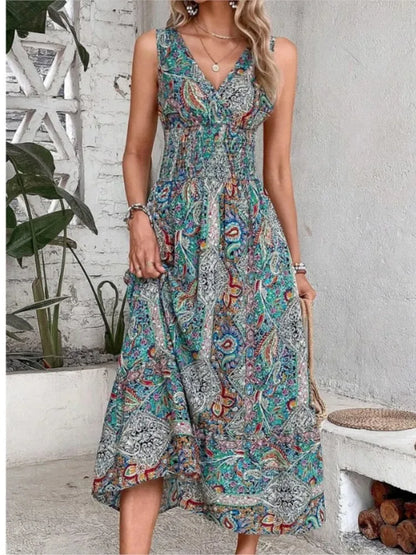 Women’s Summer Boho Dress – Sleeveless Printed Beach Party Dress, Elegant Casual Holiday Outfit for Women